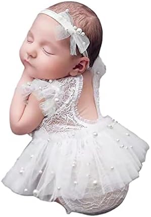 3pcs Baby Girls Photography Props Lace Romper Outfit with Skirt Headband for Newborn Shower Gift Holiday Party Decor