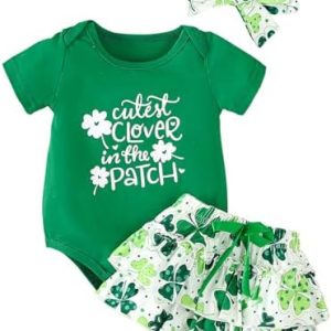 AGQT Infant Baby Girls St. Patrick’s Day Outfit 3Pcs Green Romper Culottes Set 0-24 Months