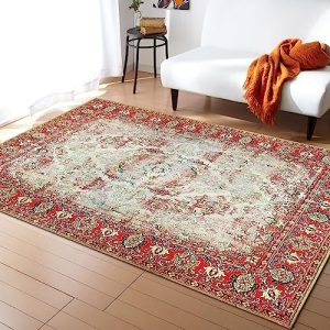 Boho Area Rug 2x3 Ft Red Retro Persian Distressed Geometric Washable Area Rugs Oriental Medallion Bohemian Stain Resistant Floor Carpet Non Shedding Non-Slip Indoor Mats for Living Room Bedroom