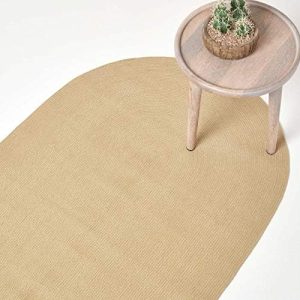 HOMESCAPES Linen Handmade Braided Oval Rug For Bedroom & Living Room Light Brown Reversible Woven Cotton Small Rug, 50 x 80 cm