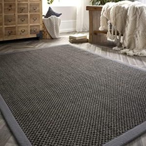 Lord of Rugs Sisal Rug Non-Slip Hand Made Natural Fibre Flatweave Bedroom Kitchen Dining Living Room Carpet Plain Rug in (Dark Grey with Grey Border, Medium 120x170 cm (4'x5'6"))