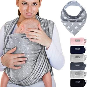 Makimaja - 100% Cotton Baby Wrap Carrier - Light Grey with Stars - Shoulder Strap for Newborns and Babies Up to 15 Kg - includes Storage Bag and Bib