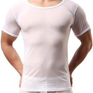 Men's Mesh T-Shirt, Sexy See Through Short Sleeve Tank Top for Men, Breathable Tight Quick Dry Undershirts for Workout, Crew Neck Mesh Crop Top Transparent T-Shirts for Party Rave Disco Clubwear