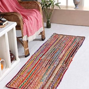 Mishran Eco Friendly Long Runner Braided Area Rug Flat Weave Style with Natural Jute and Multi Colour Recycled Material 60 cm x 180 cm