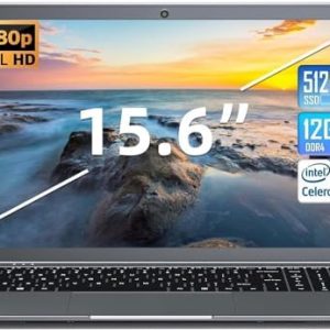 Naclud Laptop 15.6 Inch 12GB RAM 512GB SSD Storage, 1080P Display Full HD Laptop, Celeron N5095, Full Size Keyboard, 2xUSB 3.0, Dual Band WiFi (Gray)