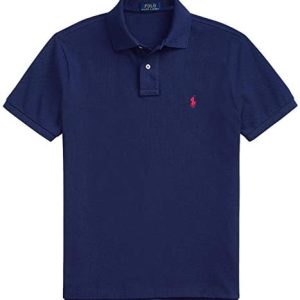 POLO RALPH LAUREN Men Custom Fit Mesh Pony Logo Shirt (M, NavyRedPony), Newport Navy With Red Pony., Medium