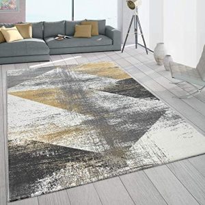 Paco Home Frieze Rug Short Pile For Living Room Used Look Pastel Colours In Yellow Grey, Size:60x100 cm