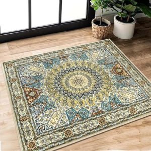 Rururug Square Rugs 80 x 80 cm Area Rugs, Traditional Vintage Design, Washable Rug, Non Slip Rug for Kitchen, Entrance Beige, Yellow, Brown.