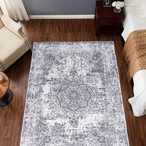 TOPICK Area Rug Grey Multi Rug 90x150cm Entryway Floral Rug Hallway Chenille Print Kitchen Vintage Rug Accent Thin Lightweight Rug Non Slip Carpet for Living Room Bedroom Office Dining Room