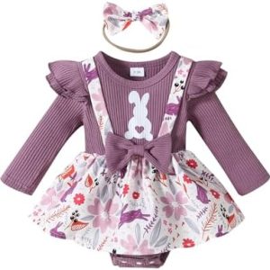 Vioyavo Newborn Baby Girls Easter Romper Dress Bunny Floral Print Long Sleeve Round Neck Playsuit Skirt Bow Headband Set