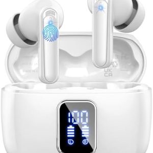 Wireless Earbuds, Wireless Headphones Bluetooth 5.3 Earphones, 48H Playtime HD Stereo In Ear buds, 4 ENC Noise Cancelling Mic Wireless Earphones, LED Display, IP7 Waterproof, Mini Ultra Light, White