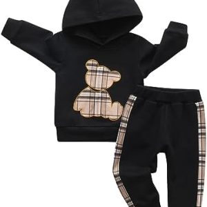 Zoputey Toddler Baby Boy Girl Clothes Bear Pattern Long Sleeve Hoodie Top + Pants Outfits Sets