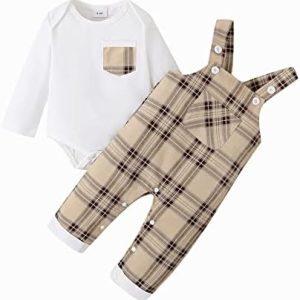 puseky Baby Boy Clothes Suit Newborn Infant Long Sleeve Romper and Plaid Suspenders Overall Pants Spring Fall Outfits